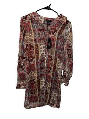 Haver London Boho Patchwork Sheer Button Down Tunic Blouse